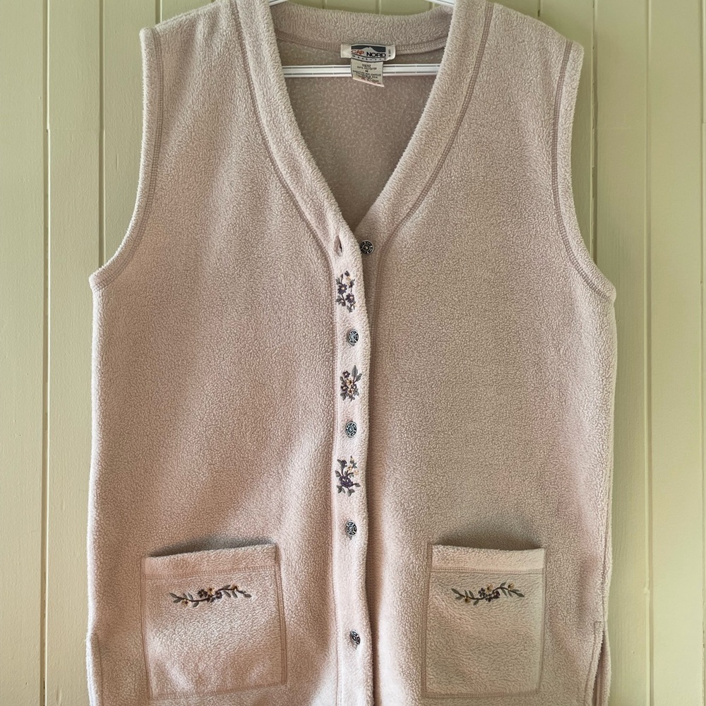 Vintage Beige Embroidered Cardigan Vest - Cap Nord - Fleece